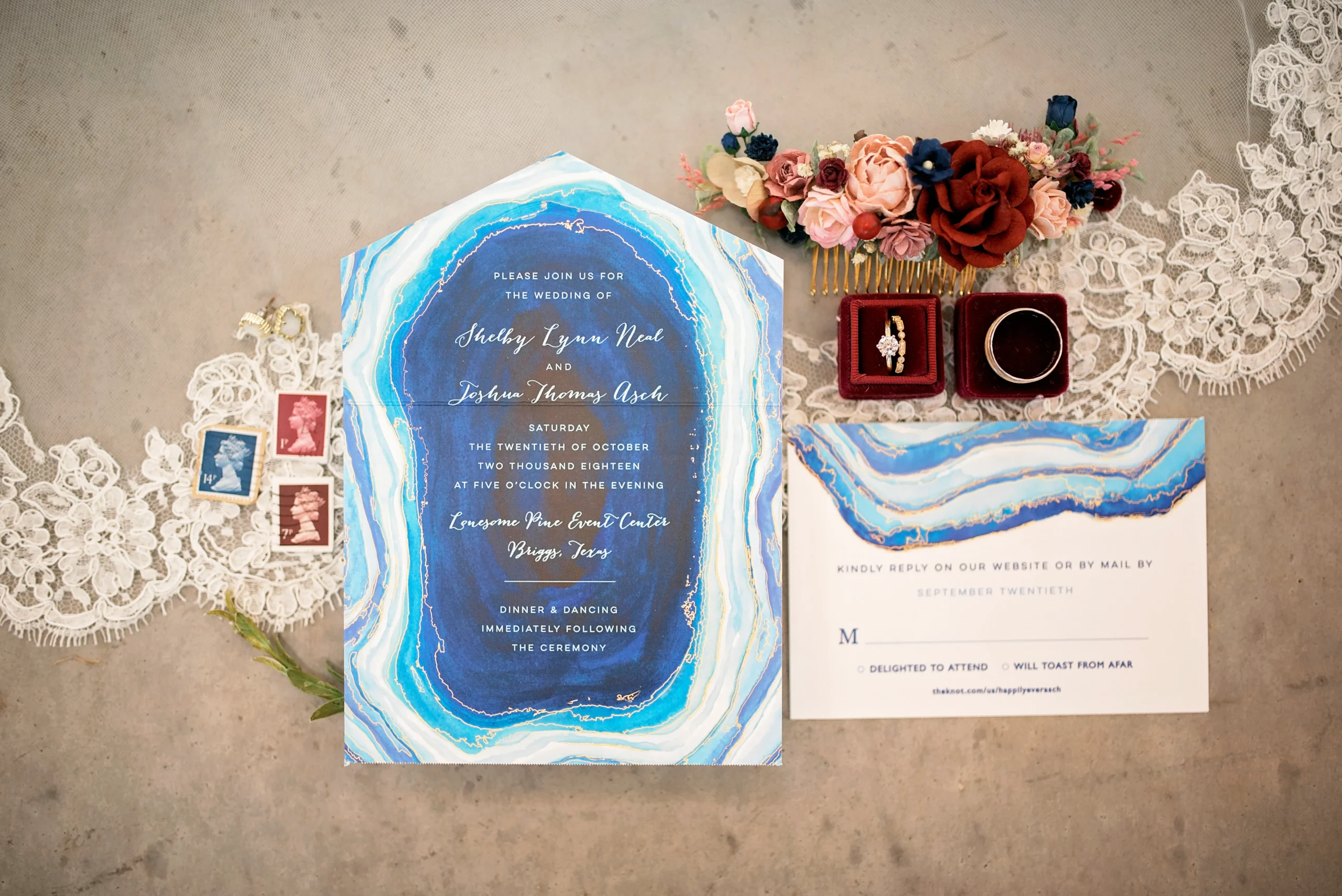 a geode-themed wedding invitation suite