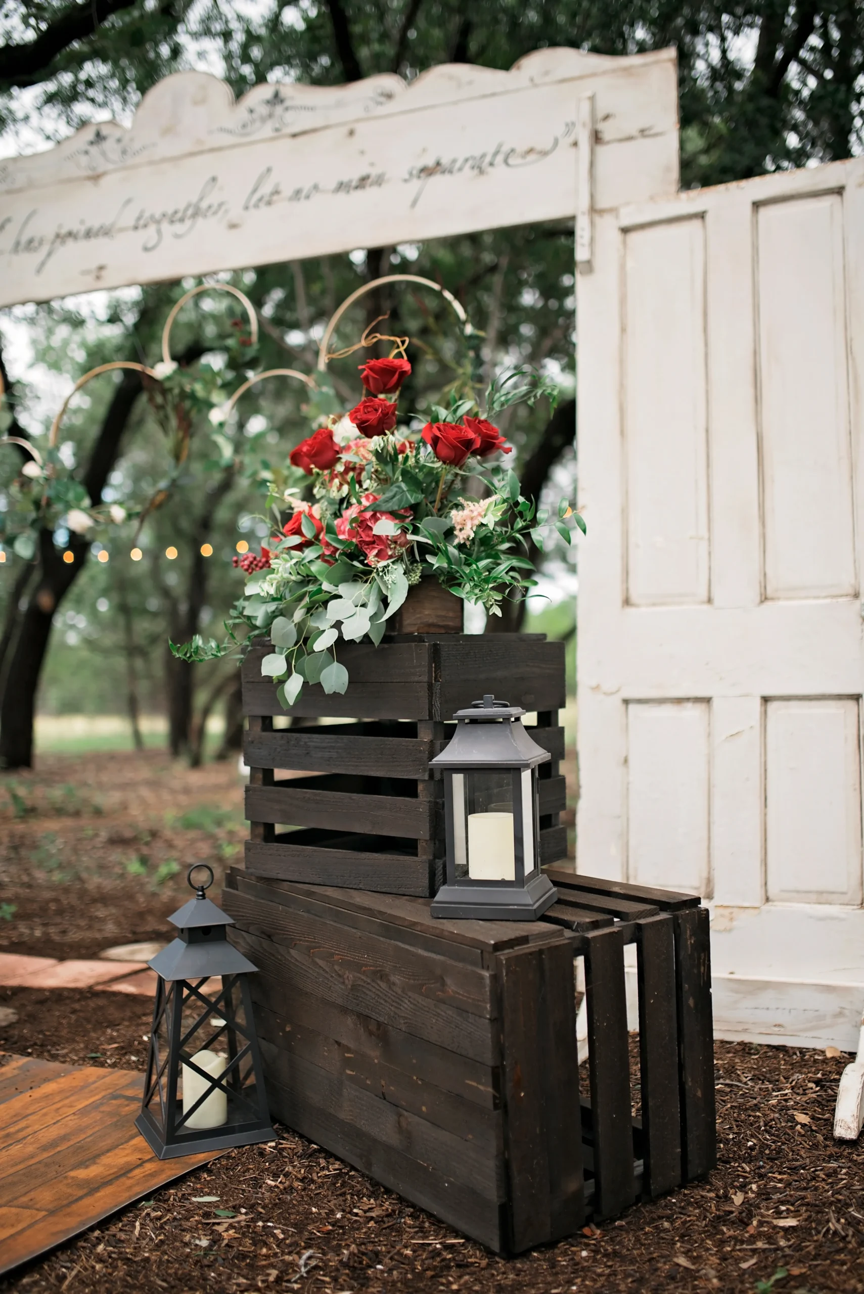 flowers and dark crates for wedding details