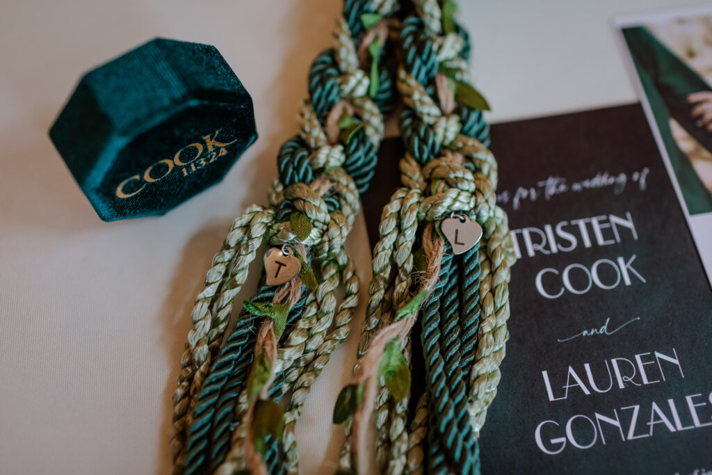 green and gold hand-fasting ropes